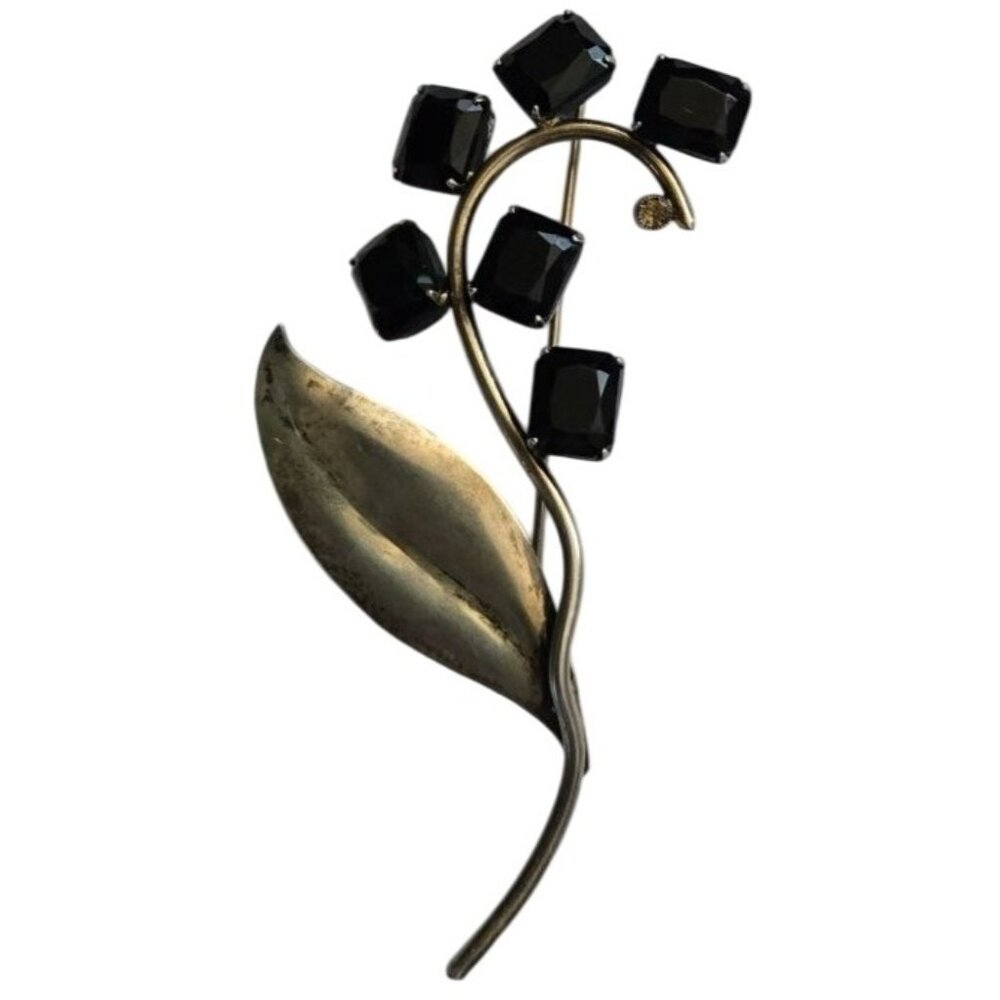 Vintage Sterling Silver Floral Brooch With Black Onyx Faceted Stones Elegant Lea